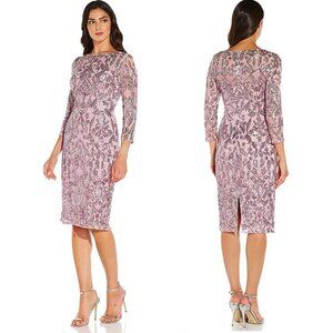 Adrianna Papell Size 4 Smoky Rose Pink Stretch Sequin Sheath 3/4 Sleeve Cocktail